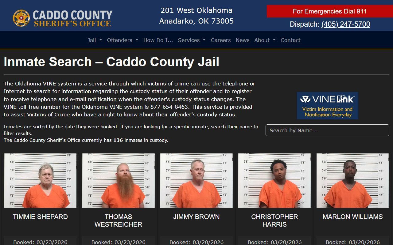 Caddo County Sheriff inmate search showing recent bookings in Anadarko Oklahoma