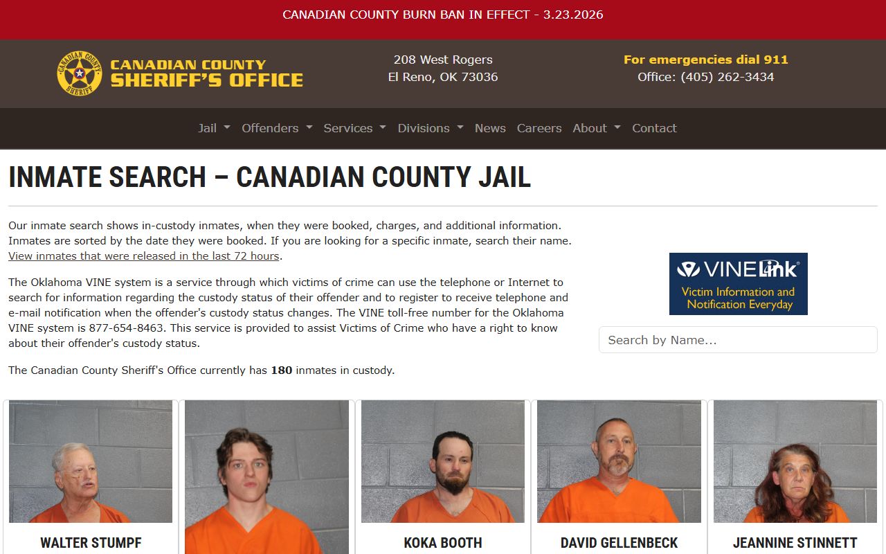 Canadian County Sheriff inmate search showing recent bookings in El Reno Oklahoma