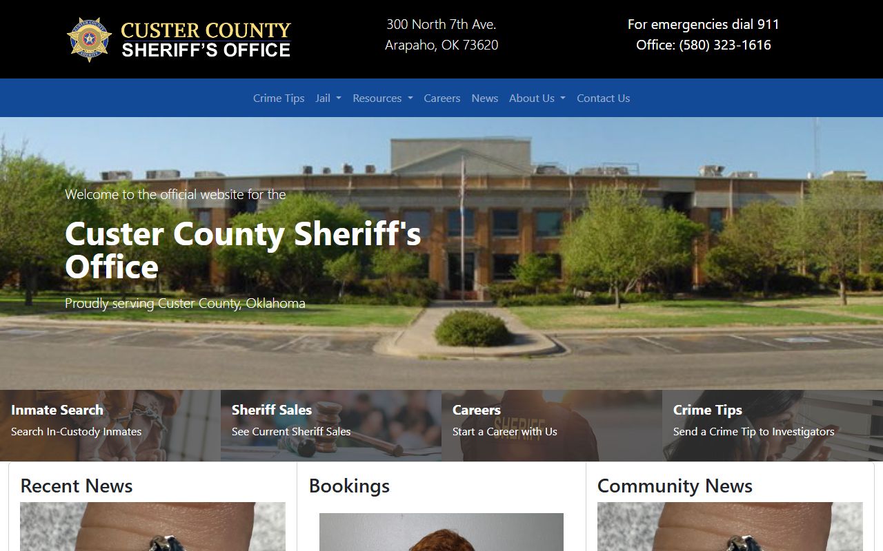 Custer County Sheriff's Office inmate search showing recent bookings in western Oklahoma
