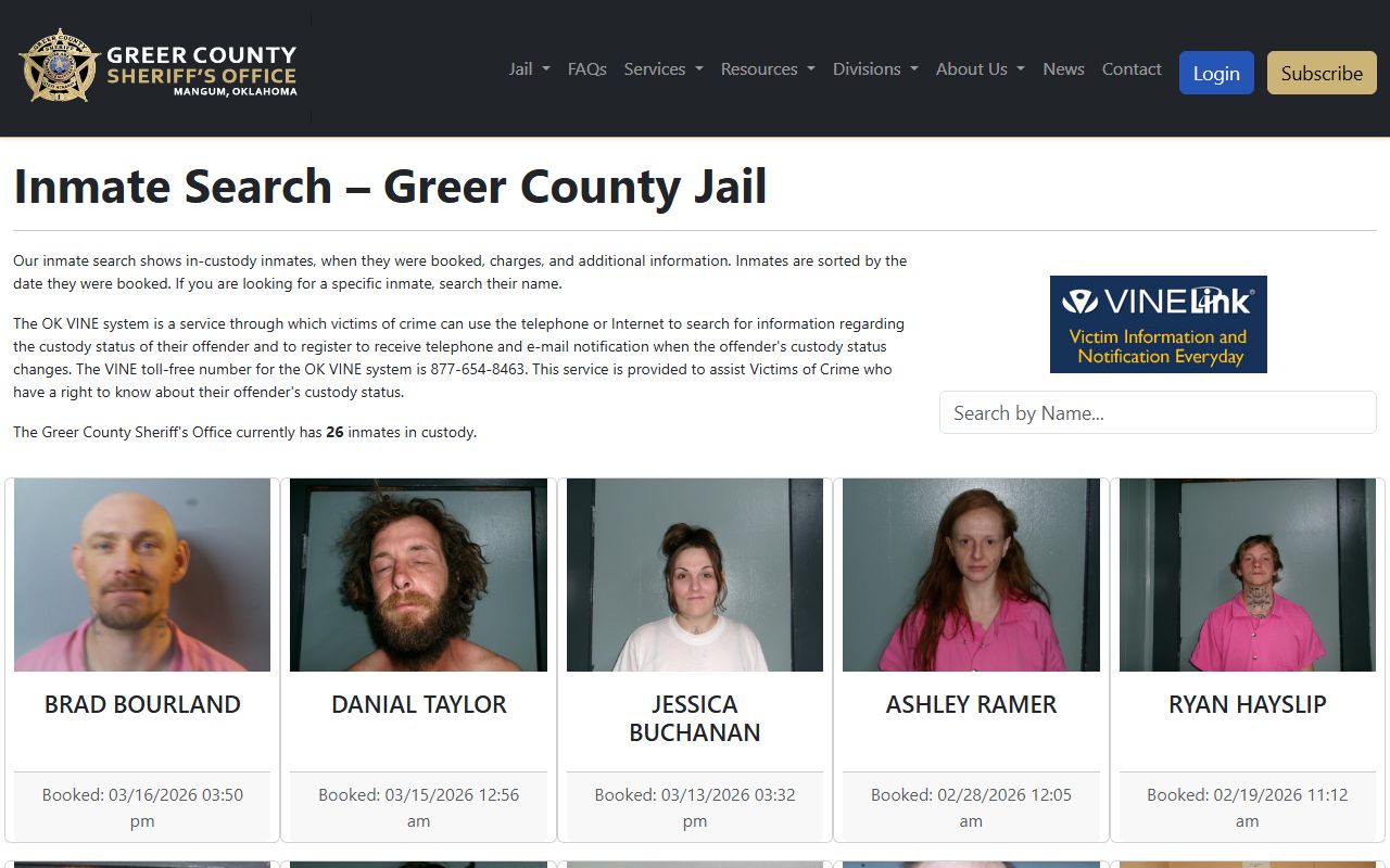 Greer County Sheriff's Office inmate roster showing recent bookings in Mangum Oklahoma