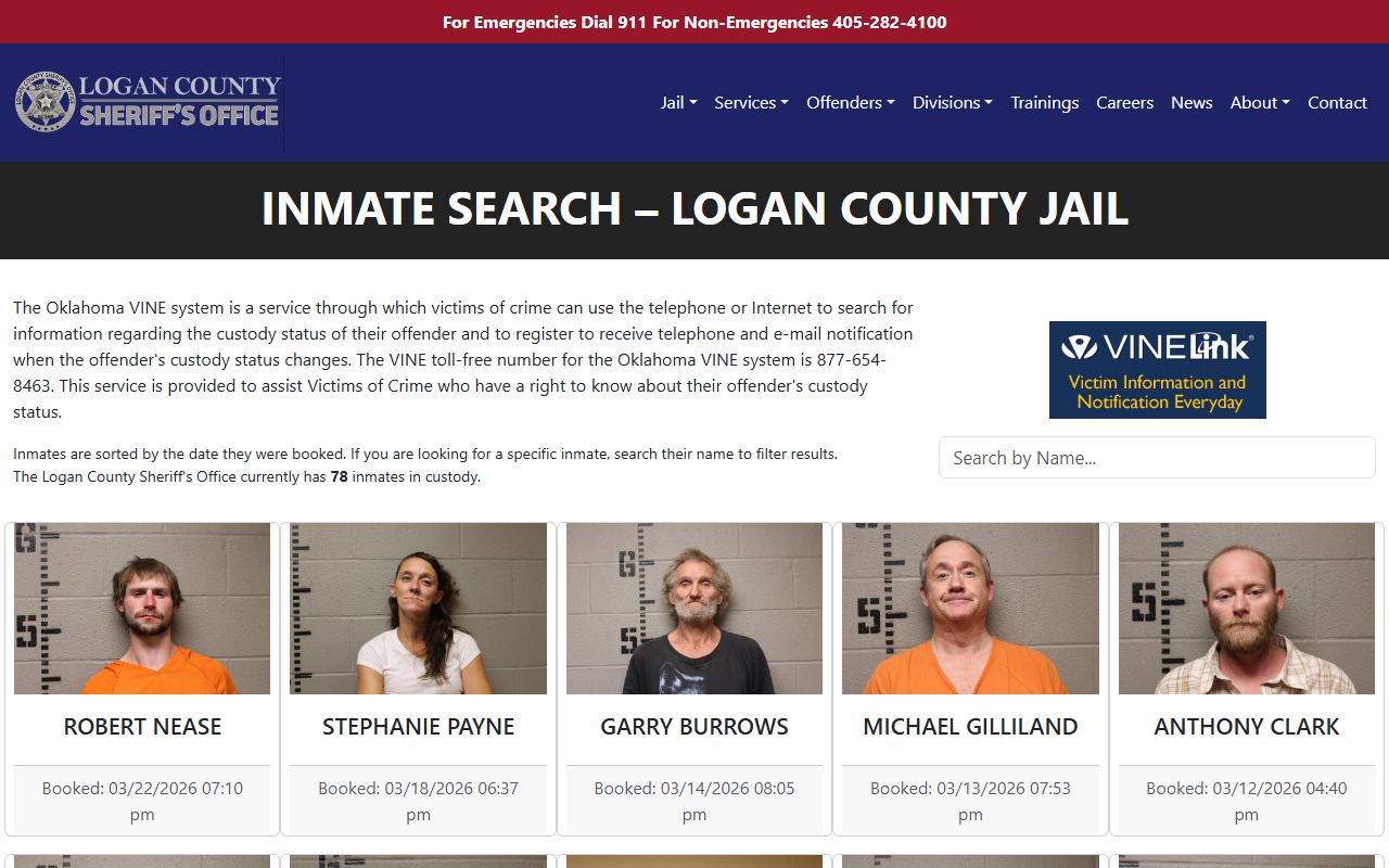 Logan County Sheriff's Office inmate search showing recent bookings at the detention center in Guthrie Oklahoma