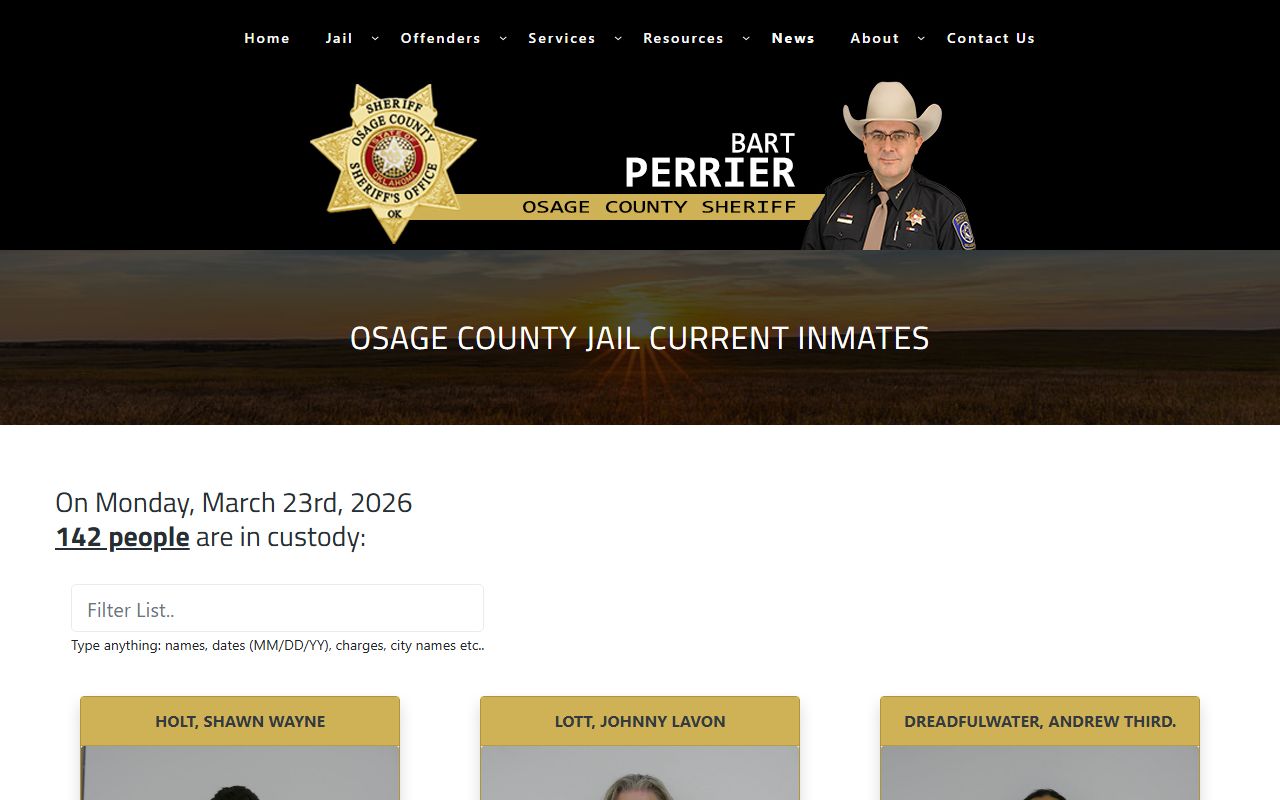 Osage County Sheriff inmate roster showing recent bookings in Pawhuska Oklahoma