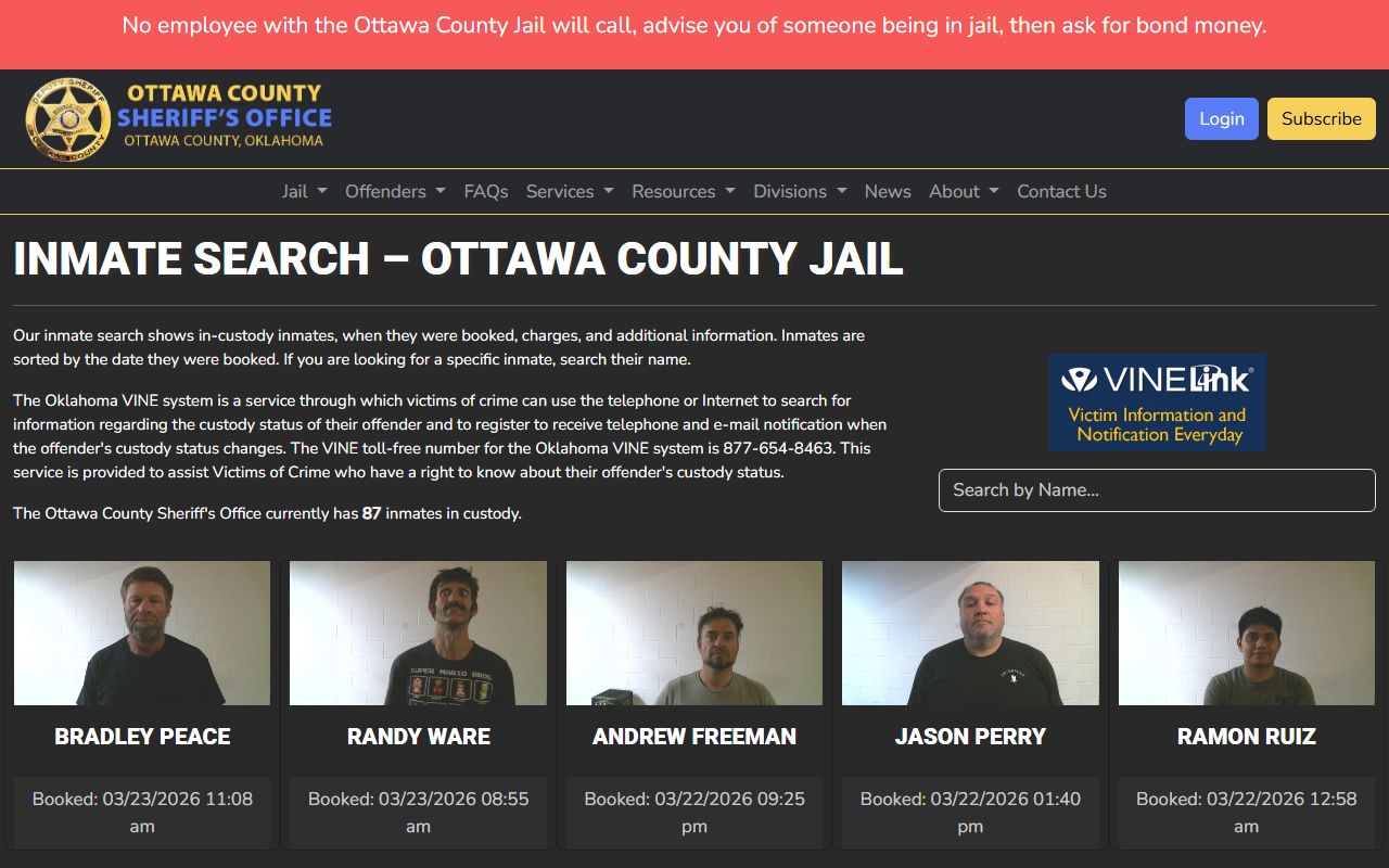 Ottawa County Sheriff inmate search portal showing recent bookings in Miami Oklahoma