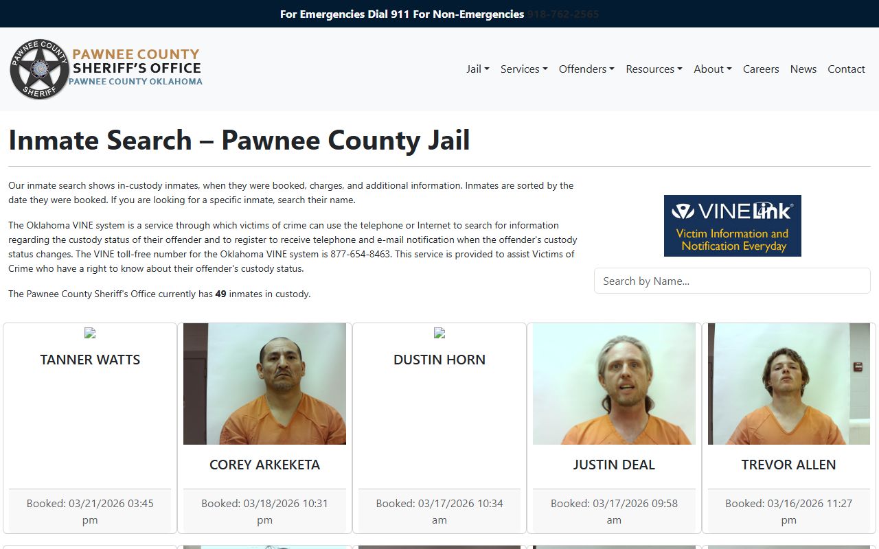 Pawnee County Sheriff inmate search page showing recent bookings in Pawnee Oklahoma