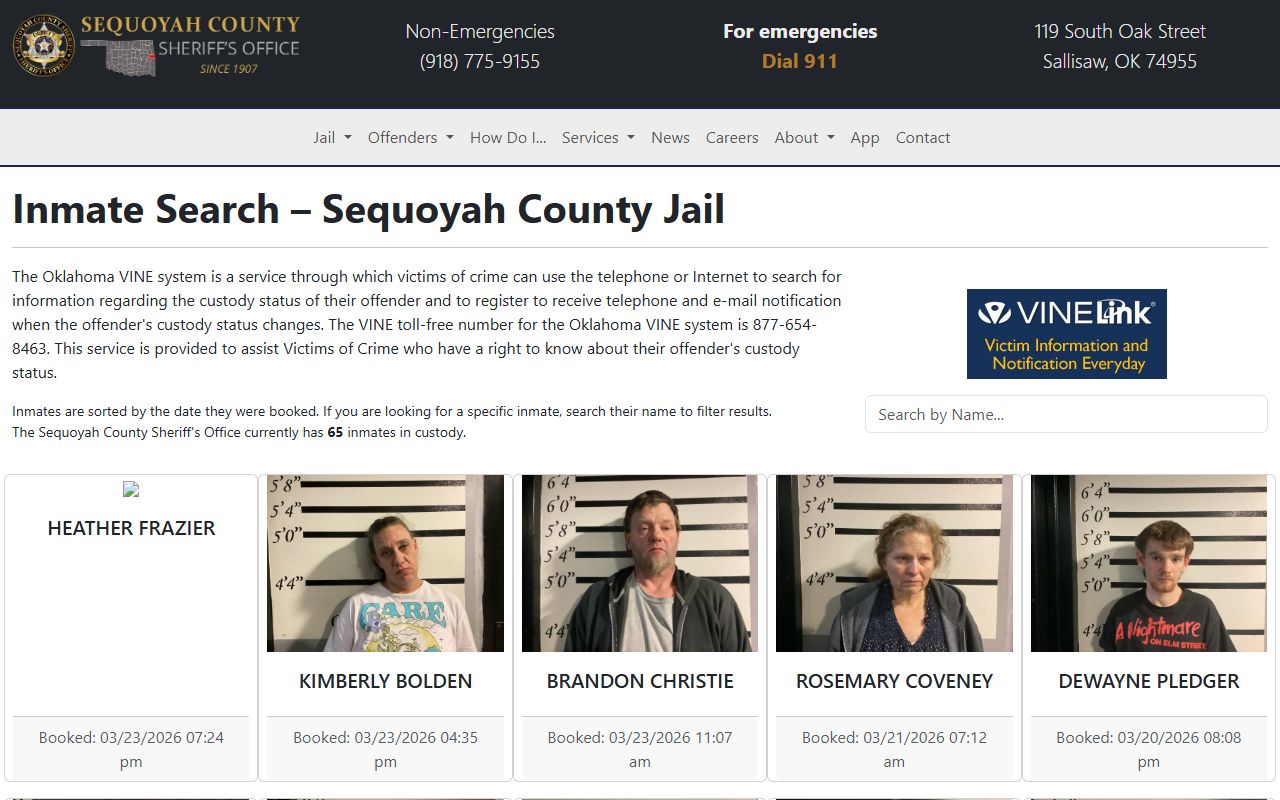 Sequoyah County Sheriff inmate search showing recent bookings with mugshots in Sallisaw Oklahoma