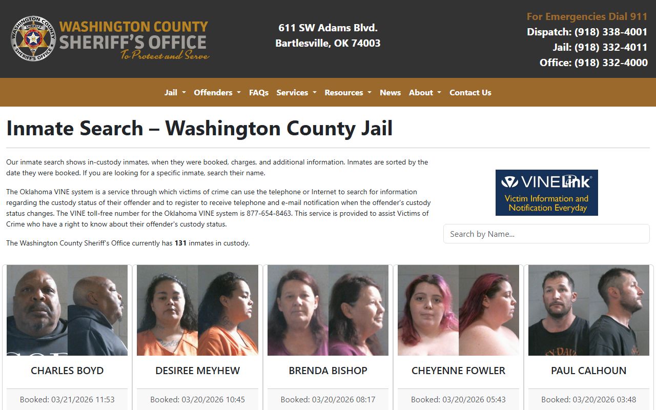Washington County Sheriff inmate search showing recent bookings in Bartlesville Oklahoma