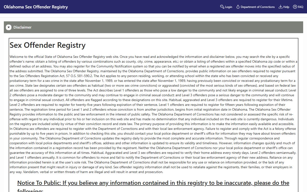 Oklahoma Sex Offender Registry public search portal at sors.doc.ok.gov