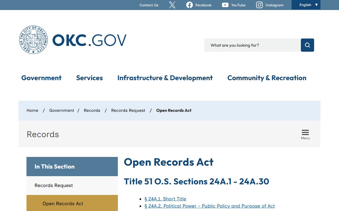 Oklahoma City Open Records Act information page showing how to request law enforcement records