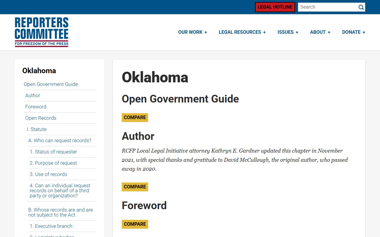 Reporters Committee for Freedom of the Press open government guide for Oklahoma arrest and booking records